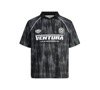 JACK & JONES Men's Printed Polo Shirt Jcoretreat AOP Mesh Open Collar Polo SS, Black, XL