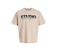 JACK & JONES Men's Studio Graphic Print T-Shirt | Casual Short Sleeve Crew Neck Tee | 100% Cotton | Moonbeam Colour | UK Size - M