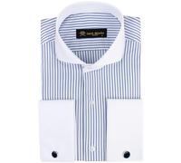 Jack Martin London Men's Double Cuff Formal Shirts with Cutaway Collar | Cufflinks Included | Luxe Long Sleeve Button-Up Dress Shirt for Men, Navy Stripe L