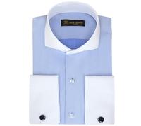 Jack Martin London Men's Double Cuff Formal Shirts with Cutaway Collar | Cufflinks Included | Luxe Long Sleeve Dress Shirt for Men, Herringbone Dark Blue M