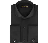 Jack Martin London Men's Double Cuff Formal Shirts with Cutaway Collar | Cufflinks Included | Luxe Long Sleeve Dress Shirt for Men, Herringbone Black M
