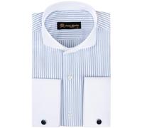 Jack Martin London Men's Double Cuff Formal Shirts with Cutaway Collar | Cufflinks Included | Luxe Long Sleeve Button-Up Dress Shirt for Men, Blue Stripe S