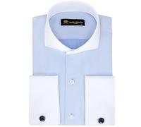 Jack Martin London Men's Double Cuff Formal Shirts with Cutaway Collar | Cufflinks Included | Luxe Long Sleeve Dress Shirt for Men, Herringbone Blue XL