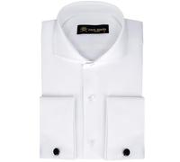 Jack Martin Men's Double Cuff White Formal Shirts with Cutaway Collar | Cufflinks Included | Luxe Long Sleeve Dress Shirt for Men, Herringbone White L