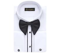 Jack Martin Men's White Wing Collar Tuxedo Shirt with Double Cuffs | Complete Set Including Flamboyant Cufflinks & Black Bow Tie | Luxe Dress Shirts for Men (Trimmed, XL)