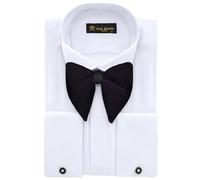 Jack Martin Men's White Wing Collar Tuxedo Shirt with Double Cuffs | Complete Set Including Flamboyant Cufflinks & Black Bow Tie | Luxe Dress Shirts for Men (Pleated, S)