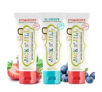 Jack N’ Jill Natural Certified Kids Toothpaste - Fluoride-Free Toddler & Baby Toothpaste with 40% Xylitol, No Sugar, Suitable from 6 Months+, Pack of 3 (Strawberry 2 x 50g, Blueberry 1 x 50g)