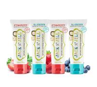 Jack N' Jill Natural Certified Toothpaste - Baby & Toddler Toothpaste, Fluoride-Free, 40% Xylitol, No Sugar, Organic, Safe for 6 Months & Up, Makes Brushing Fun, Strawberry 2 x 50g & Blueberry 2 x 50g