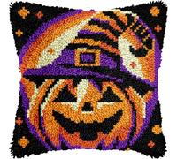 Jack-o-Lantern Halloween Latch Hook Kits for Adults Kids, Beginners DIY Pumpkin Latch Hook Pillow Kit Pre-Printed Hook Latch Rug Kits Cross-stitch Embroidery Cushion for Home Sofa Decoration 17x17 in