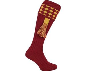 JACK PYKE Harlequin Mens Shooting Socks with Garters - Durable Knee-High Hunting Socks for Country Sports & Outdoor Wear - 30% Wool / 70% Acrylic - Argyle Pattern - UK Size 8-11 - Burgundy/Gold