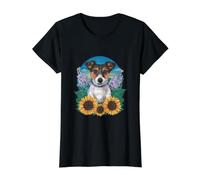 Jack Russel Terrier with Sunflowers and Lilacs Value Graphic T-Shirt, Women, Black, L