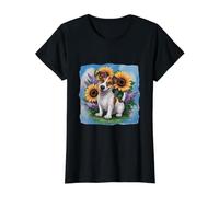 Jack Russel Terrier with Sunflowers and Lilacs Value Graphic T-Shirt, Women, Black, S