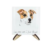 Jack Russell Coaster Set - Life's Better With a Dog Gift - Square Glass Set of Four (4) Coasters & Wood-Effect Stand