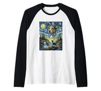 Jack Russell Dog Moon Howling Starry Night Van Gogh Style Raglan Baseball Tee
