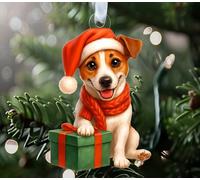 Jack Russell Dog Ornament Acrylic - Santa Hat and Red Scarf Design - Holiday Tree Decoration Keepsake - Gift for Pet Lovers