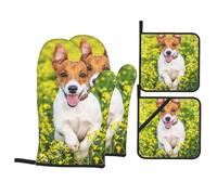 Jack Russell Flower Meadow，Oven Mitts and Pot Holders 4pcs Set, Kitchen Oven Glove High Heat Resistant Hot Pads