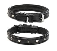 Jack & Russell Leather Dog Collar Black with Appliqués Heart & Flower - Double-Layer Genuine Leather Dog Collar Coer (M (34.5-43.0))