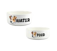 Jack Russell Pet Bowl Set - Cartoon Dog Novelty Ceramic Food & Water Bowls - Small & Large White Feeding Dishes For Dogs (Set of 2)