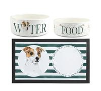 Jack Russell Pet Bowls & Mat Set - Painted Dog Portraits by Rhiannon Chauncey - White Ceramic Food & Water Dishes and Non-Slip Rubber Mat For Dogs (Set of 3)