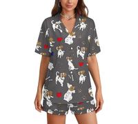 Jack Russell Terrier Bones Footprints Women's Pajama Sets Short Sleeve Lounge Button Down Sleepwear PJs