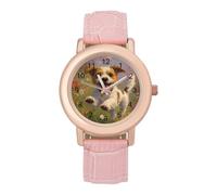 Jack Russell Terrier Daisy Flower Field Women’s Watch Quartz Wristwatch Analog with Leather Strap for Office