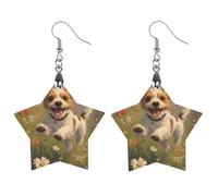 Jack Russell Terrier Daisy Flower Field Women's Earrings Wooden Pendant Dangle Jewelry Stylish Accessories for Party