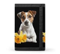 Jack Russell Terrier Dog Daffodil Floral Tri-fold Leather Wallet for Men with Slim Wallets for Men with 1 ID and 8 Slots