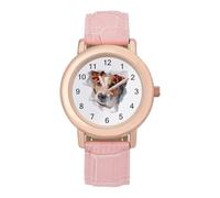 Jack Russell Terrier Dog Tearing Women's Leather Strap Band Watch Pink Ladies Three-Hand Wrist Watches