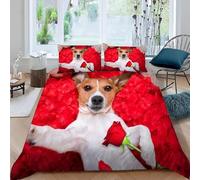 Jack Russell Terriers King Size Duvet Cover Set Romantic Roses Bedding Double Bed Set 3D Print Soft Comfort Microfiber Quilt Cover 220x230 cm with Zipper Closure and 2 Pillowcases o.3280