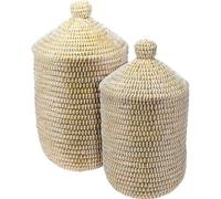 Jack Stonehouse 2 Piece Laundry Basket Set With Lids Natural Woven Seagrass Coiled Box Storage Clothing Weave Hamper Washing Bathroom Ironing Tub