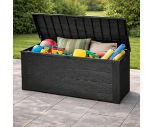 Jack Stonehouse 300 Litre Outdoor Plastic Storage Box with Lid | Garden Patio Utility Cushion Chest | Wooden Effect Toy Tool Store | Black