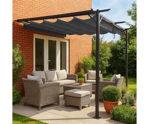 Jack Stonehouse Outdoor Wall Mounted Pergola - Retractable Water-Resistant Roof Canopy & Steel Frame. For Sun, Bbq, Parties - Grey - 3M X 3M