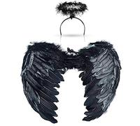 Jackcell Angel Wings and Halo Headband for Kids Costumes, Feather Dress up Props Fancy Cosplay Party for Children Women (Black, Large-(6 years-adult))