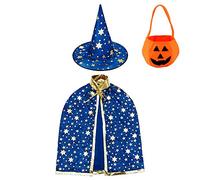 Jackcell Wizard Cape Witch Cloak With Hat, Pumpkin Candy Bag, Halloween Costume Props for Kids Cosplay Party (Blue)
