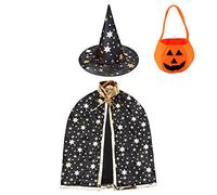 Jackcell Wizard Cape Witch Cloak With Hat, Pumpkin Candy Bag, Halloween Costume Props for Kids Cosplay Party (Black)