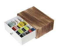 JACKCUBE DESIGN Rustic Wood Tea Storage Box Tea Bag Organiser Stand Holder Drawer / 12 Adjustable Compartments and White Faux Leather Drawer/Acrylic Divider - :MK447C