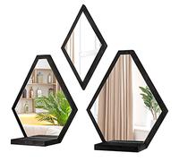 JACKCUBE Design Wall Mount Decorative Mirrors- Set of 3, Geometric Rustic Wood Real Mirror with Shelf for Bedroom, Bathroom, Living Room, Kitchen Wall Art Décor- MK689A