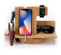 JackCubeDesign Wood Smart Watch Charger Bamboo dock Stand Multi Device Charging Station Organiser Holder for Smartphone Wallet Glasses Key(Large) - MK242A