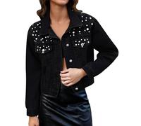 Jacket Women Women's Clothing - Distressed Denim Jacket For Washed Cropped Trucker Jacket With Pearl Embellishments And Rhinestone Details Suitable For Daily Life Work And Travel