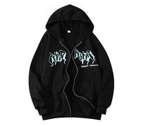 Jacket Zip Up Hoodies Hip Hop Sweatshirt Vintage Goth Print Hooded Jacket Street Fashion Unisex Drawstring Sweat Jacket with Hood 90s E Girl Top Boy Slipper Sock (Black, XXL)
