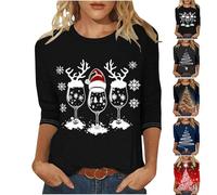 jackets for women uk,Christmas Jumpers for Women 3/4 Sleeve Red Wine Glass Graphic Tops Crewneck Tunic Blouse Trendy Loose Fit Pullover Shirts Classic Fall Winter women's clothing Black L