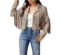Jackets For Women Uk Fringe Coat Cropped Jacket Winter Fall Faux Suede Leather Cowboy Women Cardigan BlazerO Fringe Faux Suede Leather Moto Jacket Tassel Motorcycle Cropped Coats Jacket (Khaki, XXXL)