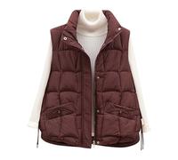 jackets for women uk Gilet Womens Quilted Button Zipper Sleeveless Waistcoat Pocket Lightweight Jackets Padded Vests Coat Ladies Fasion Outdwear Hiking Sports Warm Outfits Fall Winter Wine XXL