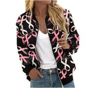 Jackets for Women UK Sale Women's Breast Cancer Jacket Casual Zip Up Coats Long Sleeve Stand Collar Breast Cancer Awareness Lightweight Cardigan Outerwear Tops with Pocket