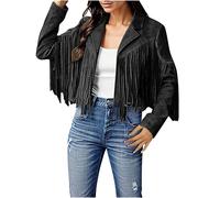 Jackets for Women UK Women's Cropped Fringe Tassel Jacket Vintage Western Jacket Ladies Cropped Coat Long Sleeve Tassels Cardigan Festival Jacket Tassel Top Ladies Carnival Short Jackets (02-Black, L)