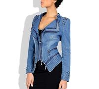 Jackets For Women Uk, Women'S Denim Jacket Fashion Slim Long Sleeve Zipper Lapel Jean Biker Coat Vintage Distressed Splicing Short Shrug Denim Coat Punk Stud Embellished Outwear Streetwear,Blue,3Xl