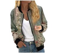 Jackets For Women Uk Women'S Waistcoats Lightweight Waterproof Jacket Womens Pattern Printed Crew Neck Bomber Jacket With Pockets Zip Up Running Jackets Fur Jackets For Women (Army Green, S