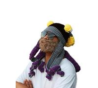 Jackolume Adults Squid Octopus Knitted Hat,Black Purple Novelty Octopus Viking Mustache Hat, Men Women Halloween Squid Beard Cap,Rainbow Squid Hat Fancy