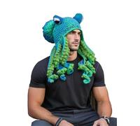 Jackolume Adults Squid Octopus Knitted Hat,Blue Green Novelty Octopus Viking Mustache Hat, Men Women Halloween Squid Beard Cap,Rainbow Squid Hat Fancy Dress