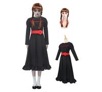 Jackolume Kids Scary Doll Anna Costume, Girls Horror Doll Black Dress with Waistband and Wig, Scary Creepy Movie Costume Halloween Outfits
